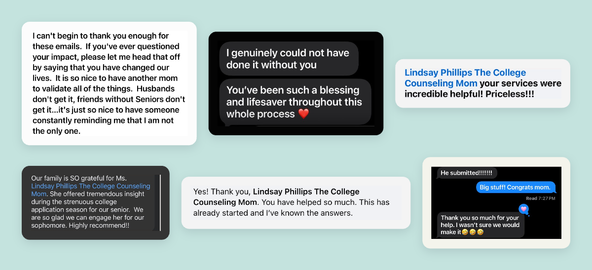 Text messages and comments from parents thanking Lindsay for her guidance